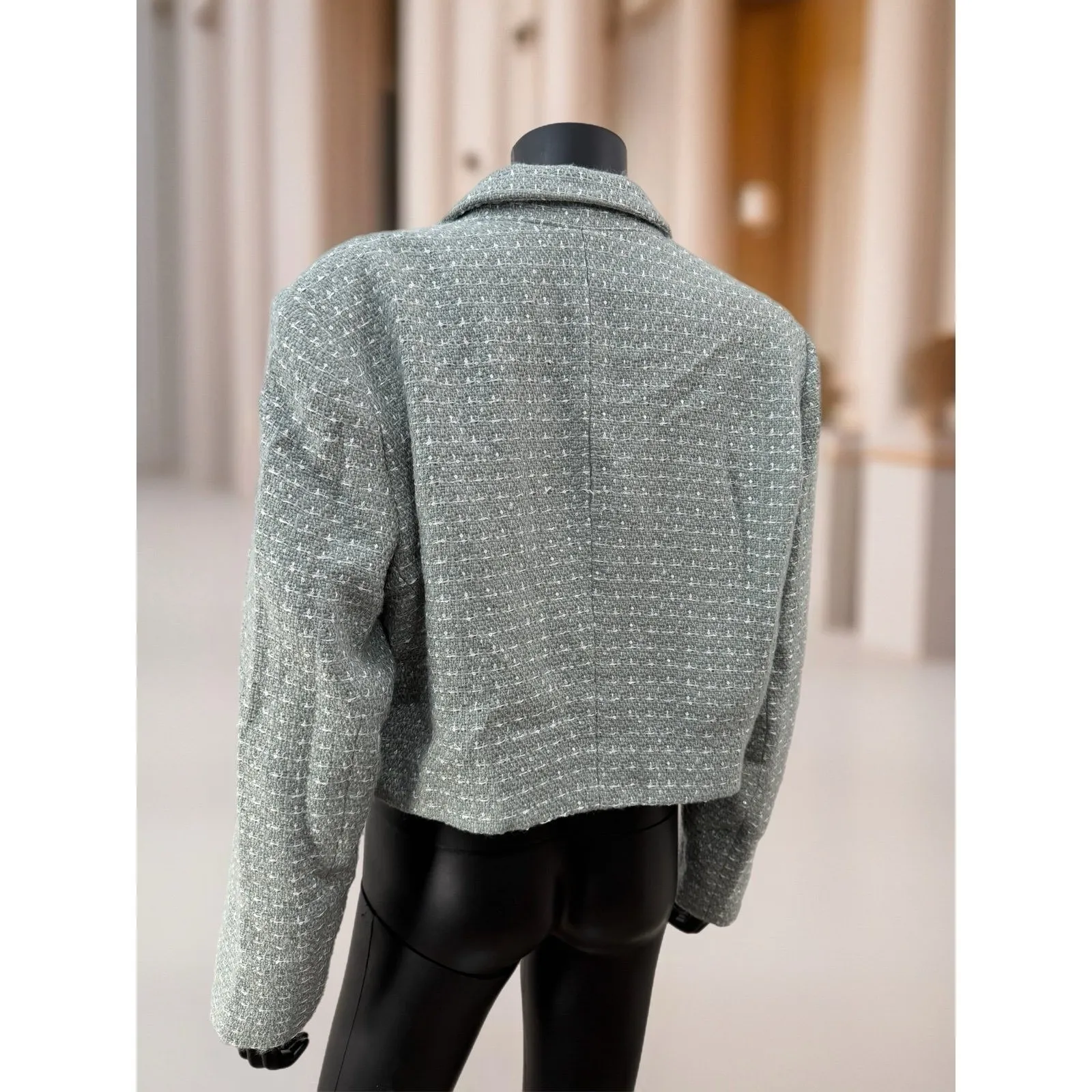 Express Cropped Tweed Jacket Blazer Gray Silver Button Wool Blend Size XL - Image 2