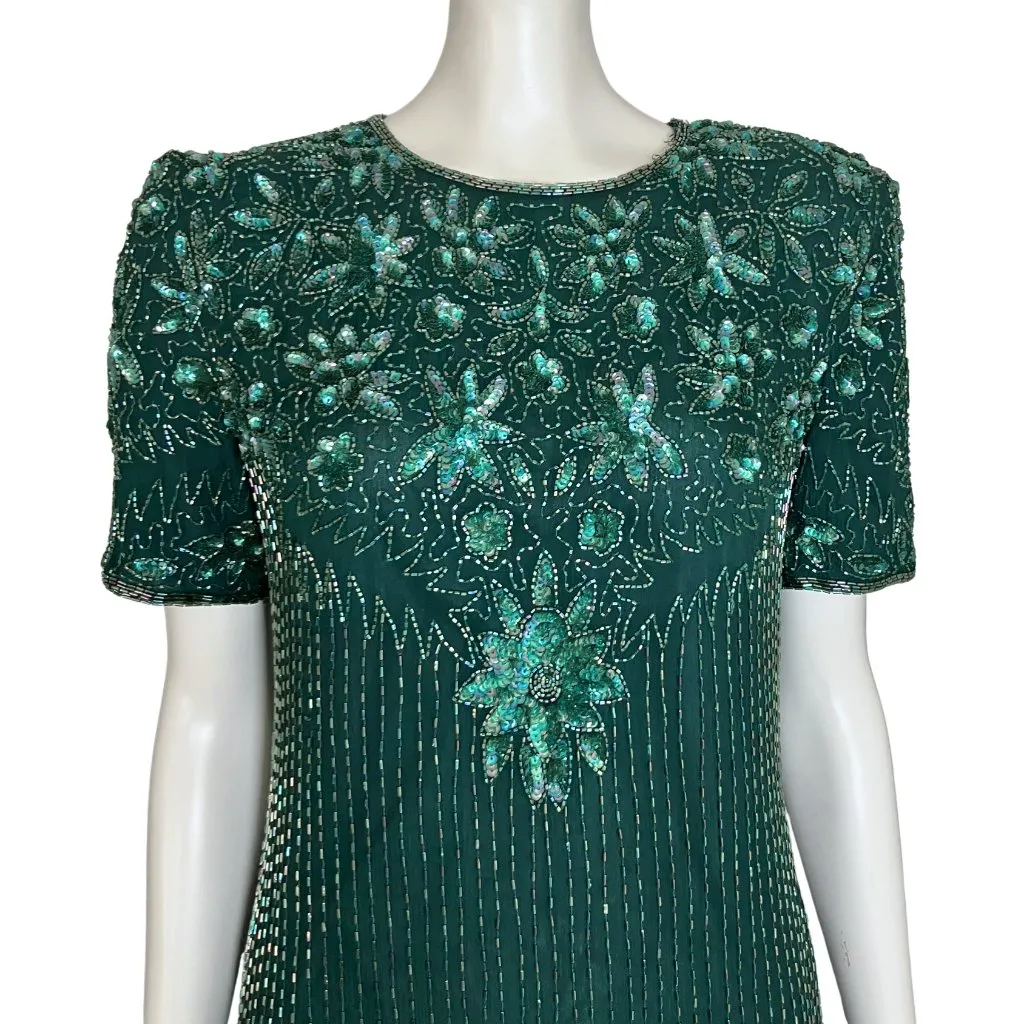 Vintage 80s 90s 100% Silk Green Beaded Papell Cocktail Dress. XS/S 4. Art Deco - Image 8