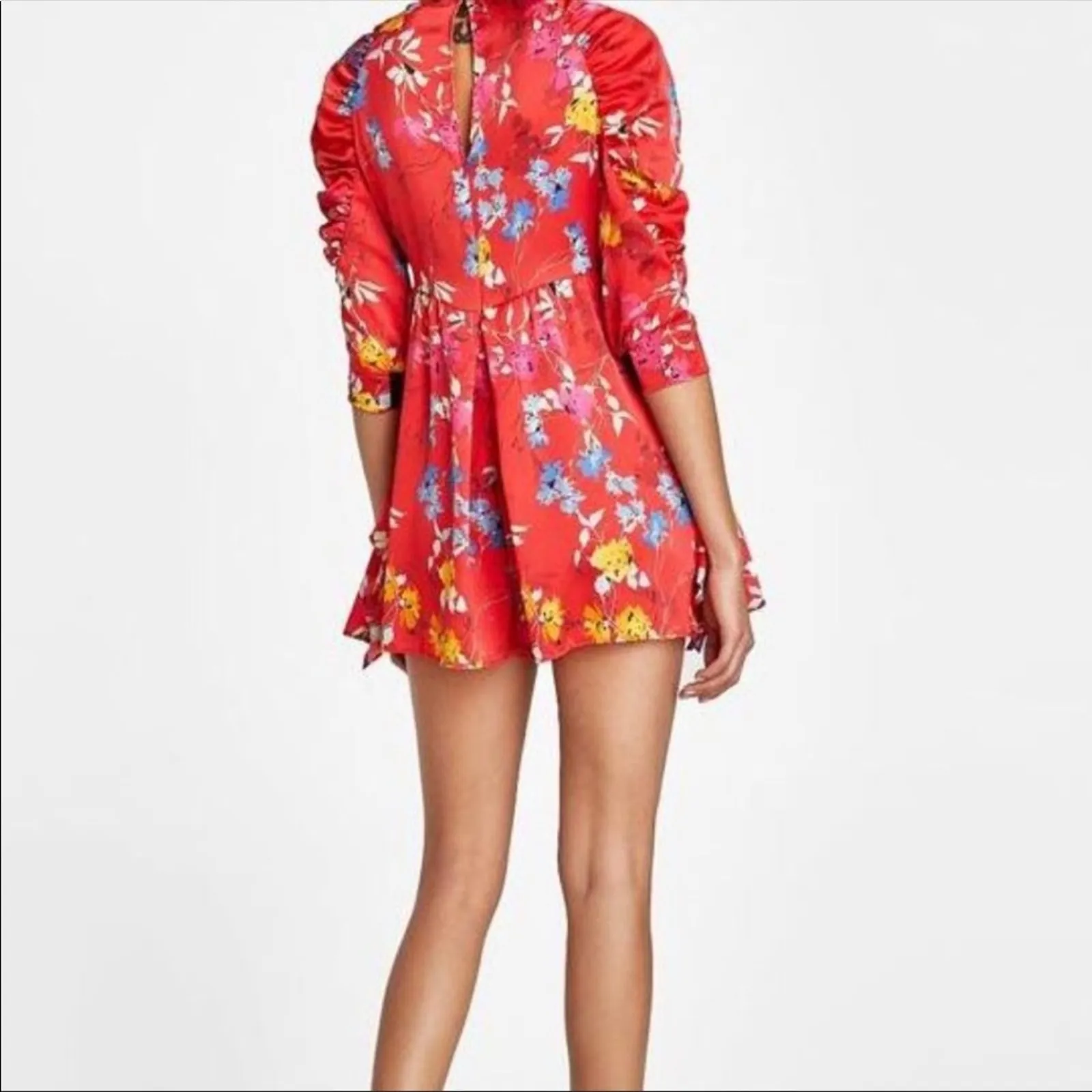 NWT Zara Satin Romper Small Red Japanese Floral Ruffle Puff Sleeve Ruched - Image 16