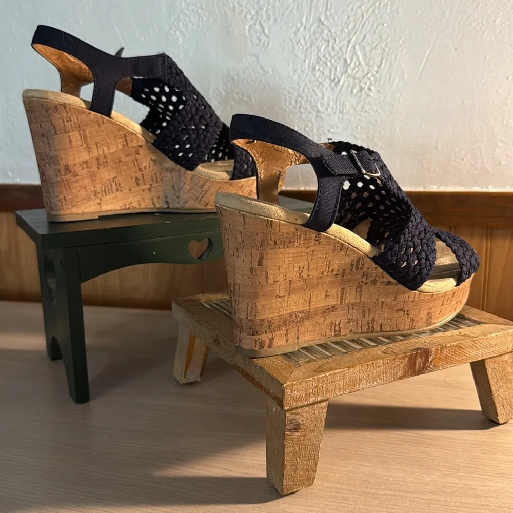 JellyPop Navy Macrame Cork Platform Wedges - Image 9