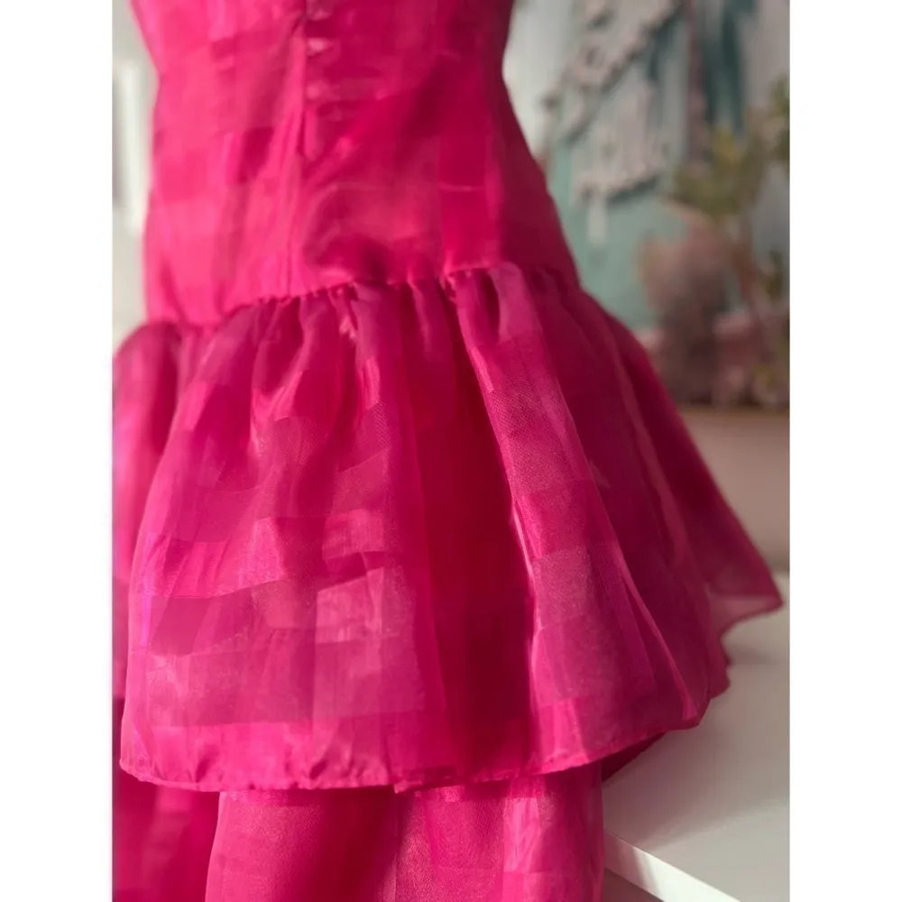 Vintage Pink Off Shoulder Tiered Ruffle Organza Cocktail Party Dress Size Small - Image 5