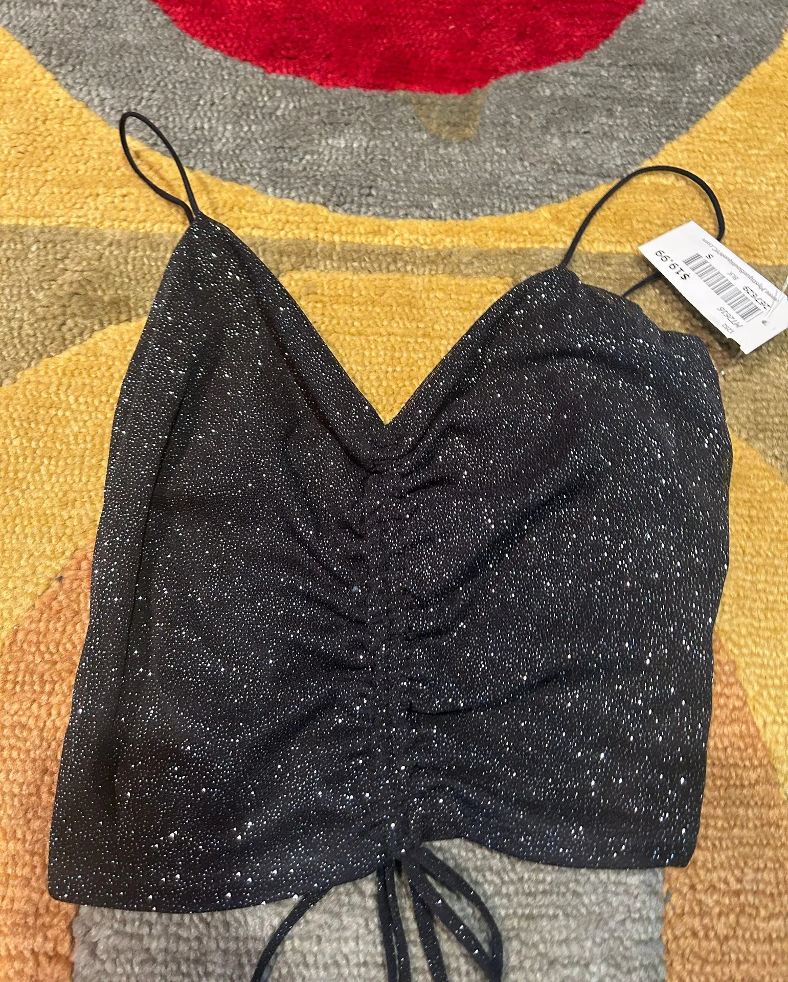 NWT Black Glitter Sparkly Two Piece Matching Set Crop Top Ruched Mini Skirt S - Image 2