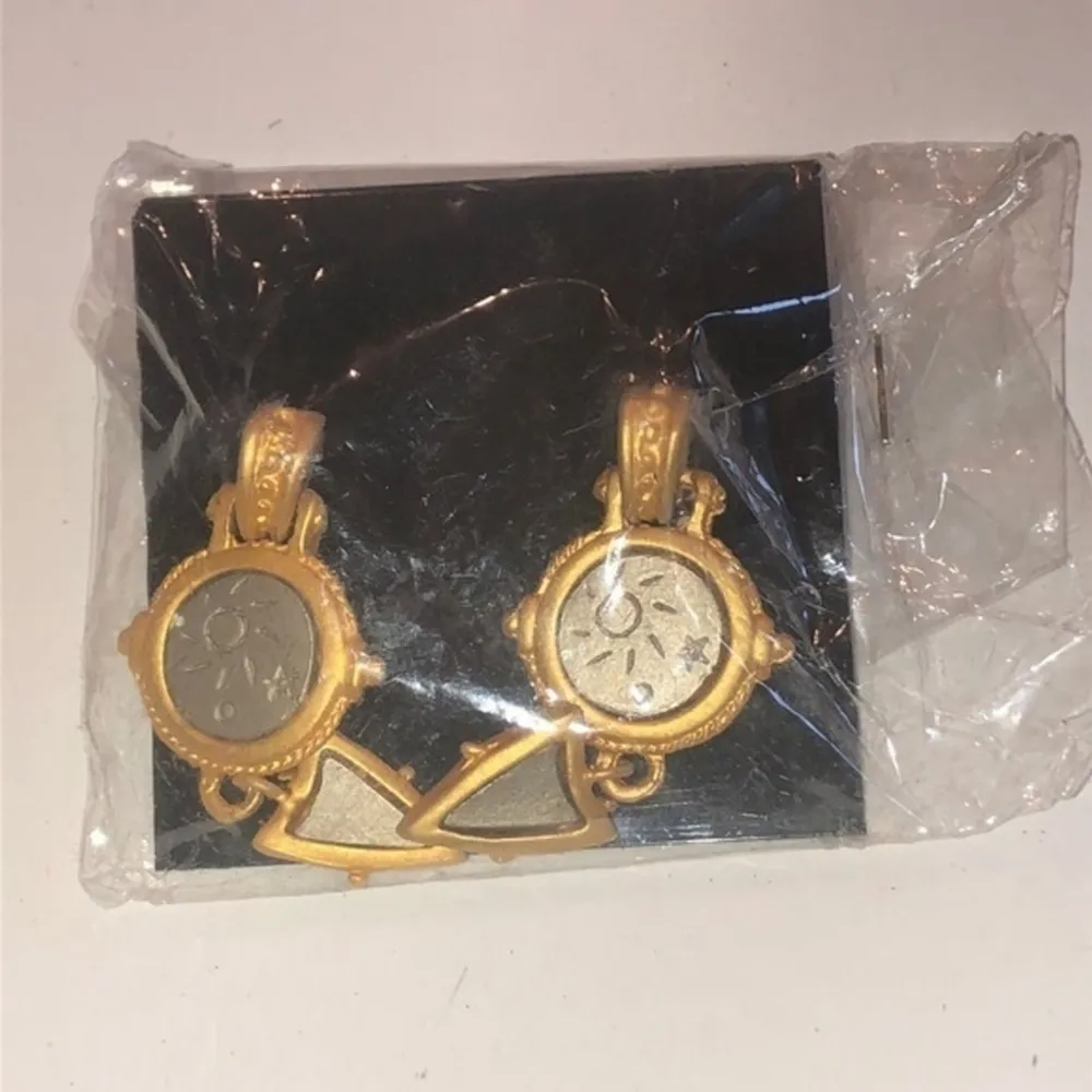 Vintage Soft Satin Gold Tone & Pewter Silver Funky Retro Dangling Earrings - Image 2