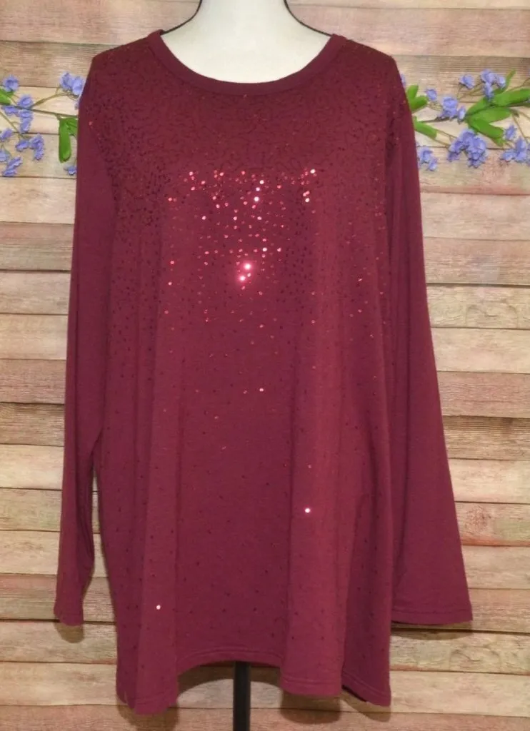 Quacker Factory Womens Plus 3X Maroon Sequin Tunic Thin Knit Shirt Party Holiday - Image 1