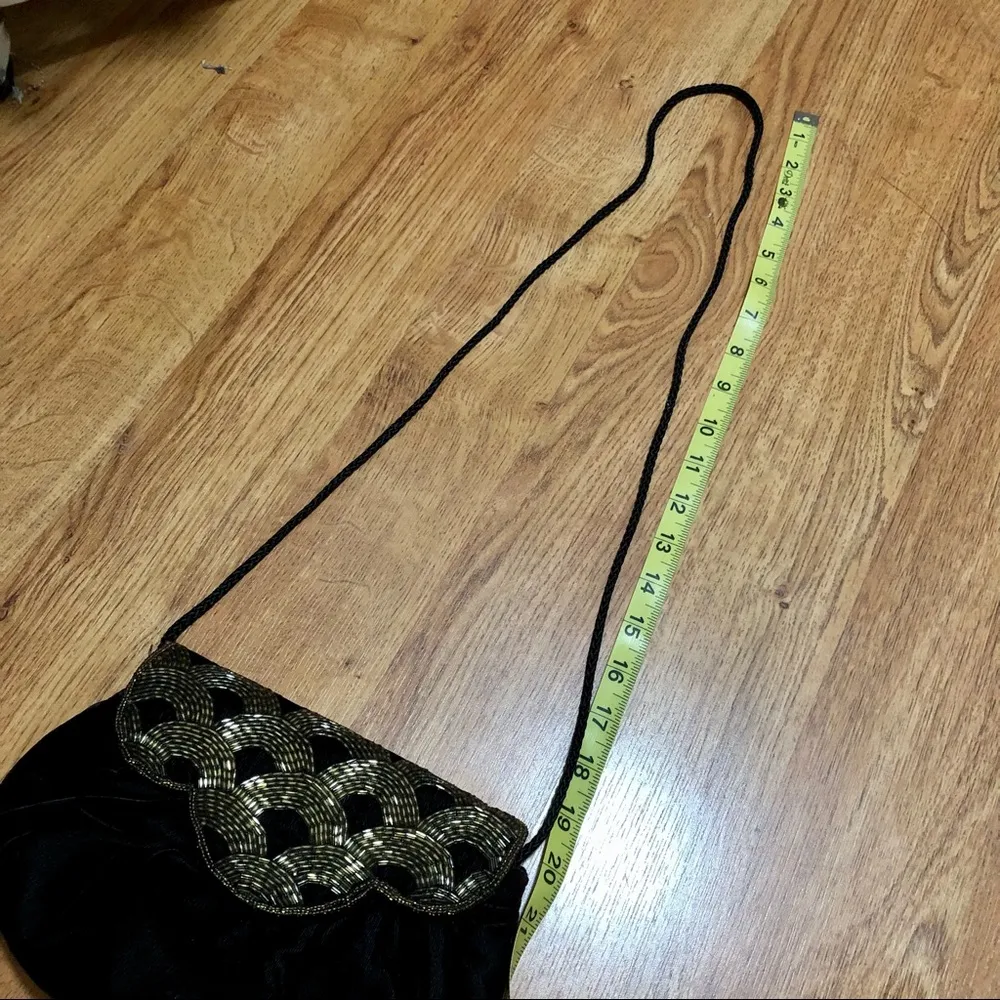 Vintage 70s Crushed Velvet Mini Shoulder Bag Beaded Black Gold Sparkly Art Deco - Image 9