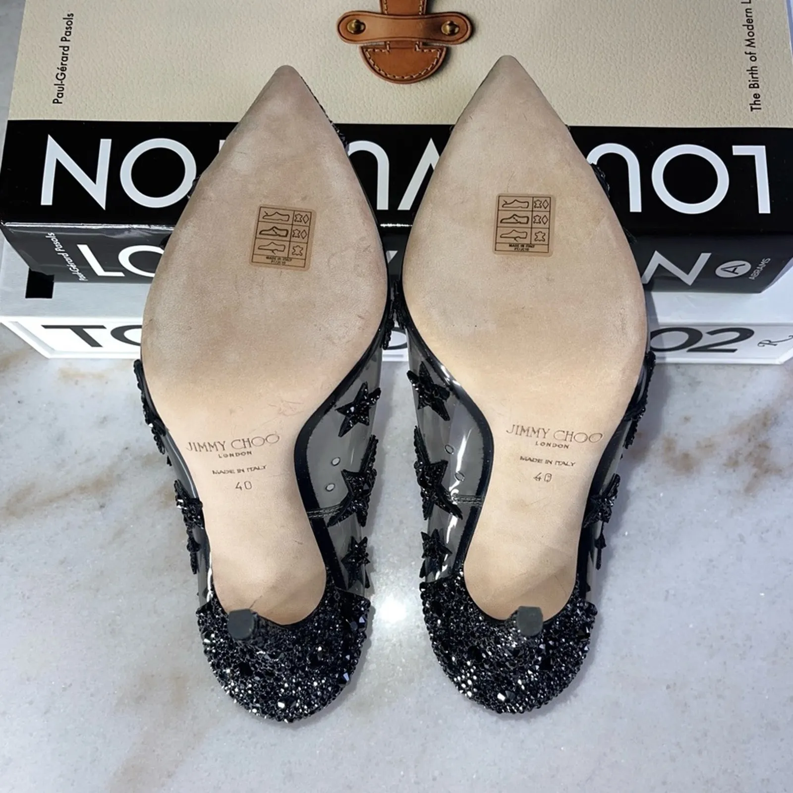 New Jimmy Choo Lisha 100 Black Smoke Mix Plexi Star Patchwork Pumps w Crystals - Image 15
