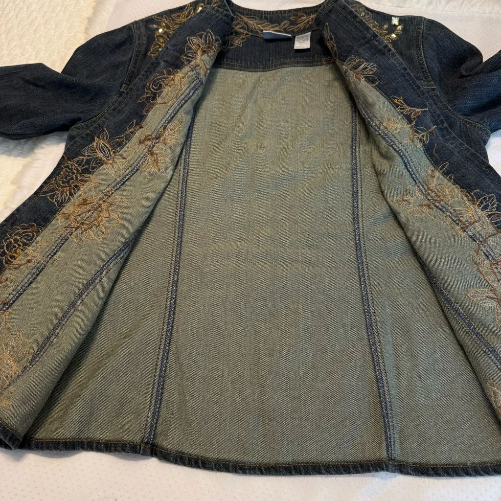 Chico's Chico’s Embroidered Sequin Open Front Jean Jacket Size 1 Chico (Med 8) Floral - Image 10