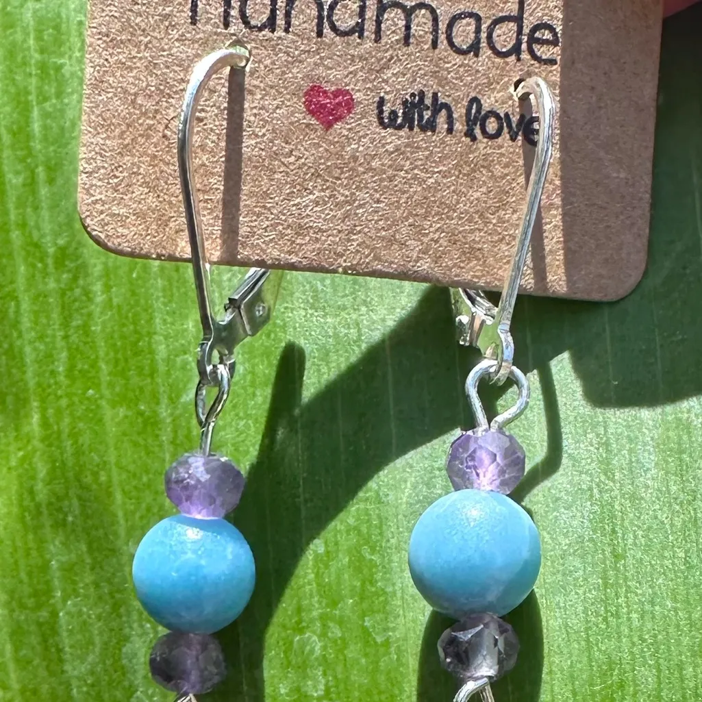 Amethyst, Larimar, & Pink Swarovski Flower Crystal Sterling Silver Drop Earrings - Image 3