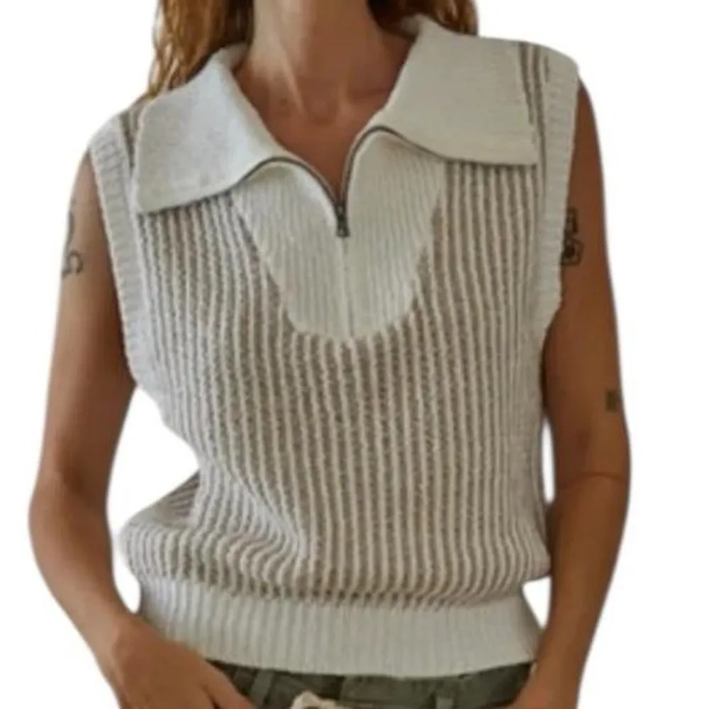 Cream and white vintage knit sweater vest with zipper detail Tan - Image 2