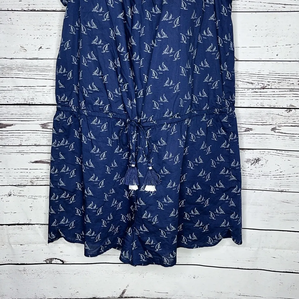 Vineyard Vines XL Blue White Sailboat Print Off Shoulder One Piece Shorts Romper - Image 3