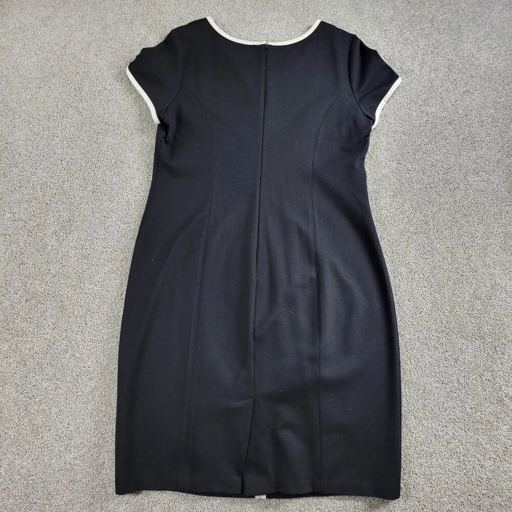 Talbots Womens Sheath Dress 12 Black Short Sleeve White Trim Midi Office Career - Image 3