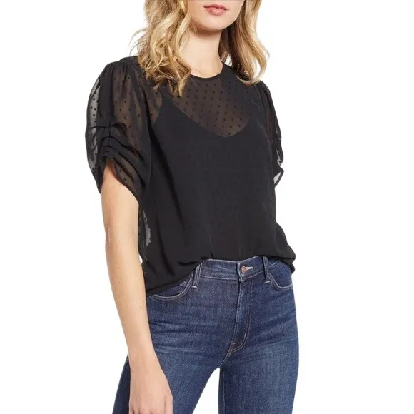 CHELSEA 28 Black Swiss Dot Sheer Puff‎ Sleeve Blouse Top Size S - Image 9