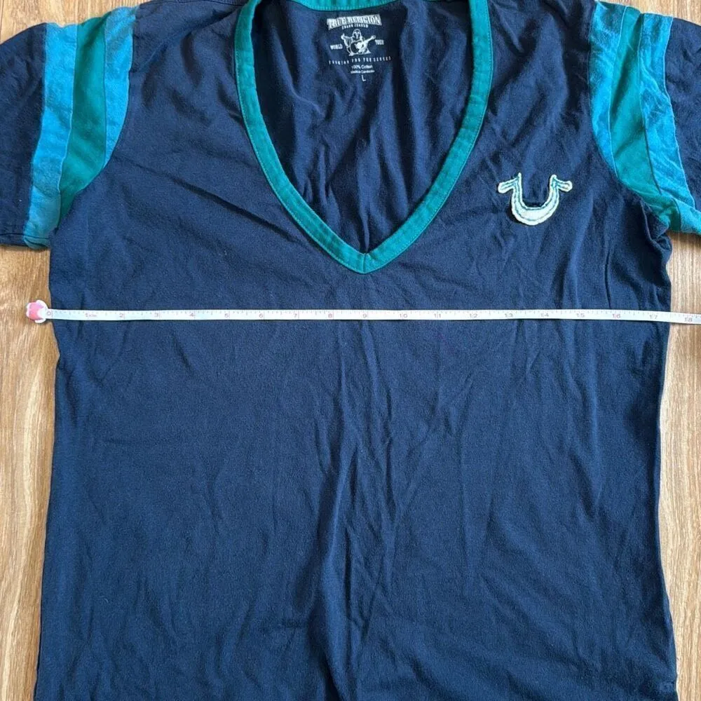 True religion women’s vintage blue long sleeve top size large   Embroidered logo - Image 3