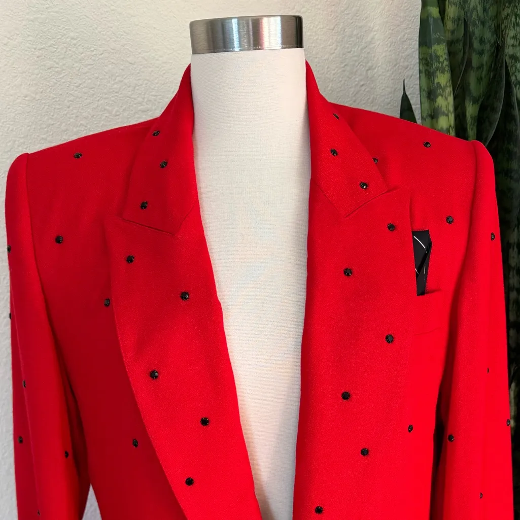 Vintage Red Rhinestone Blazer XS 80s Power Suit‎ Statement Jacket - Image 5