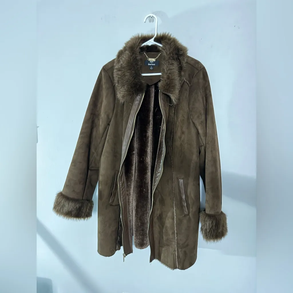 VTG DENNIS BASSO Brown Faux Fur Trimmed Coat Sherpa Warm Boho Eskimo Size XL - Image 3