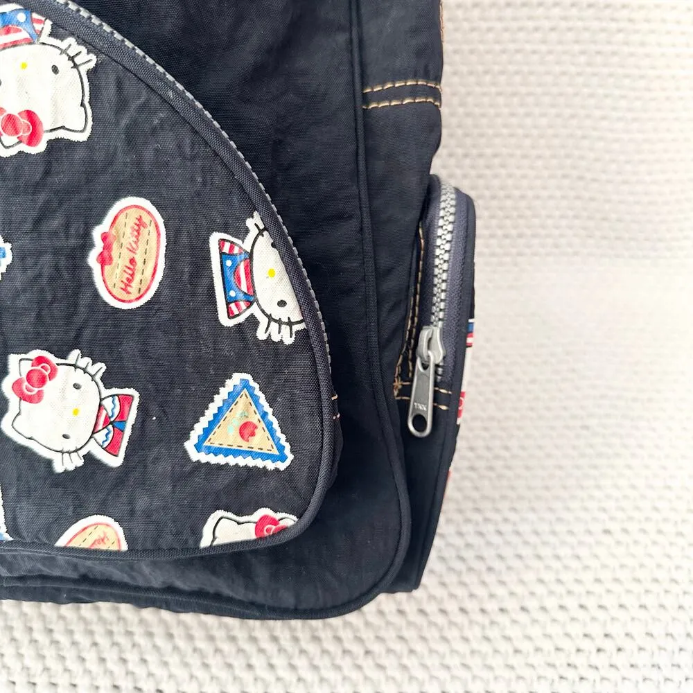 Sanrio Hello Kitty 1997 Blue Denim Nylon Tan Stitching Stamp Backpack Vintage - Image 4