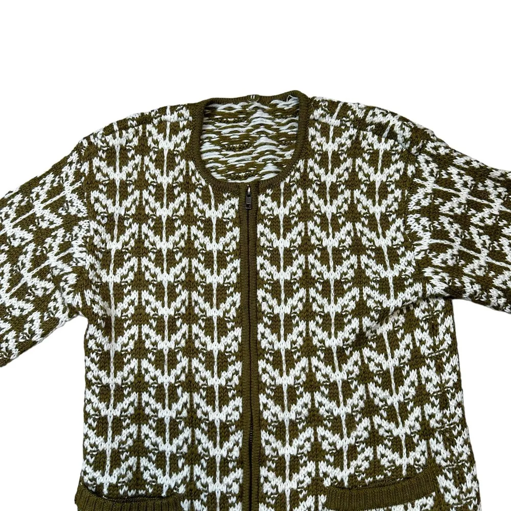 Vintage Hand Knit Zipper Cardigan Olive Green And White Small - Image 3