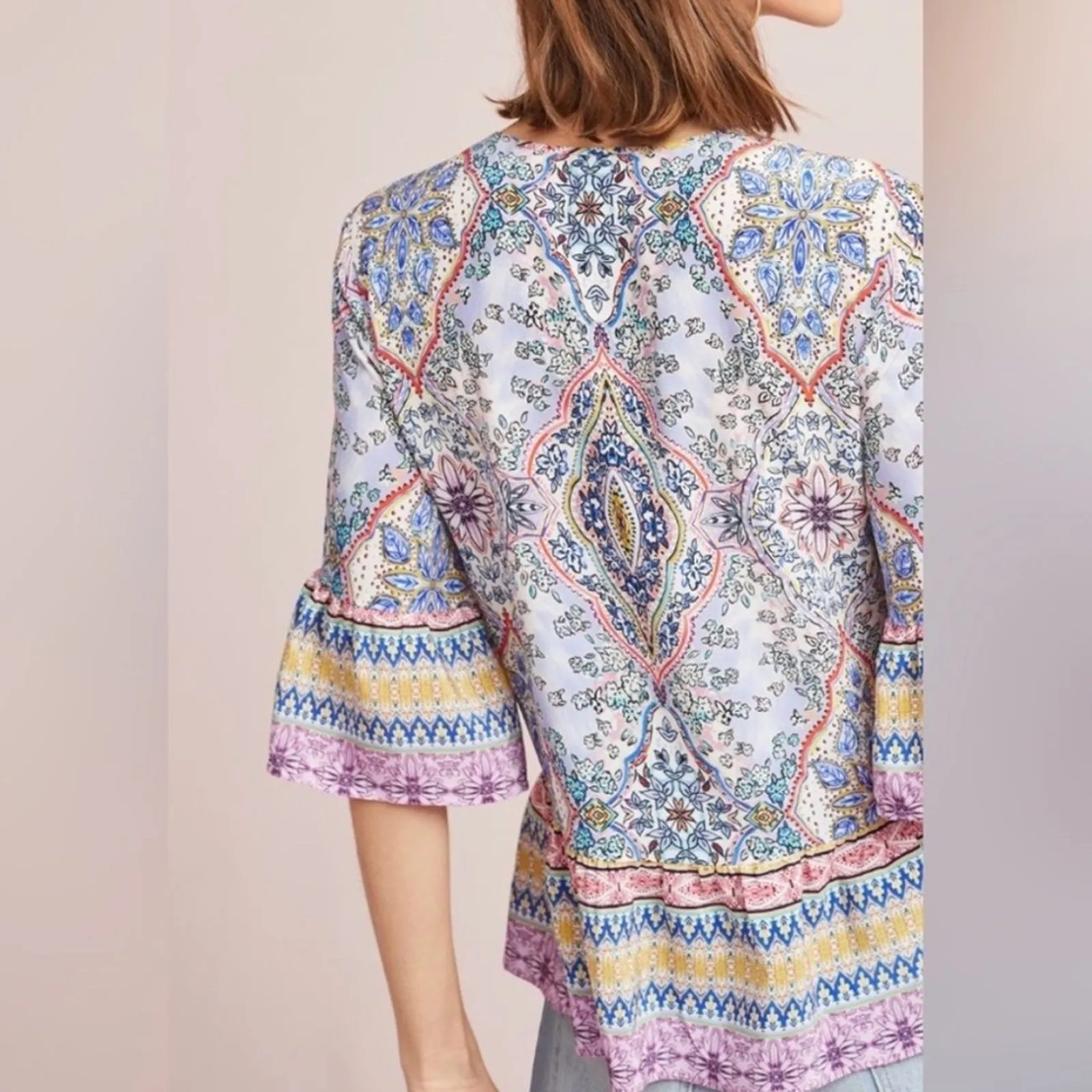 Anthropologie Kachel Lynn Silk Swing Peplum 3/4 Bell Sleeve‎ Multicolor Top Sz 6 - Image 2