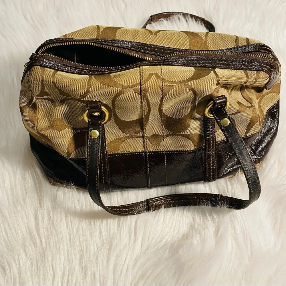 Signature Brown Jacquard and Patent Leather Stripe Satchel - Image 8