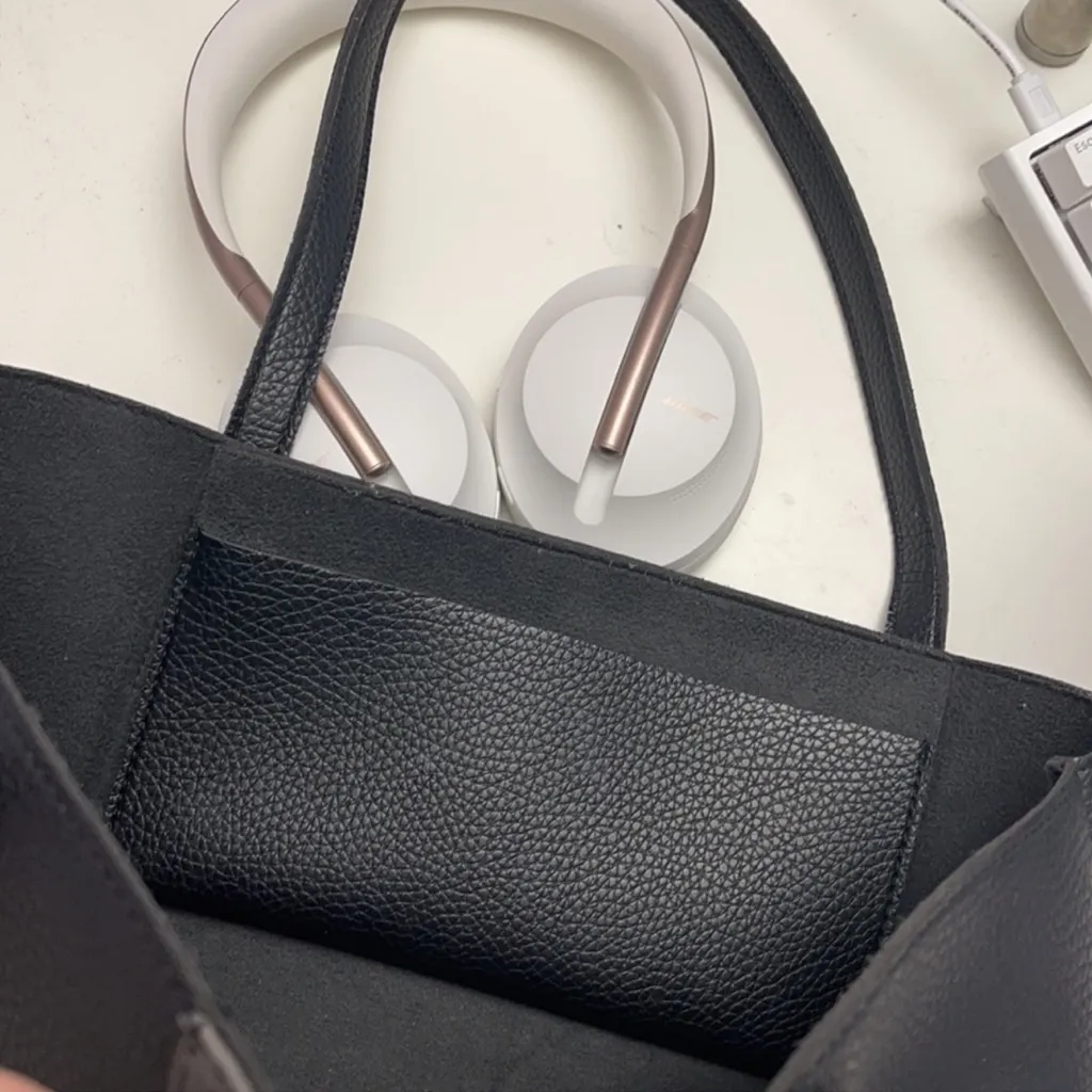 Vince Camuto Luck Tote Vegan Leather in Black with Gray Block Stripe on Front - Image 5