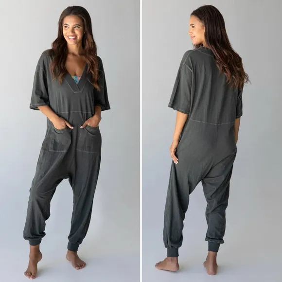 NATURAL LIFE Charlie Cotton V-Neck Jumpsuit Romper in Charcoal Gray Size XS - Image 2