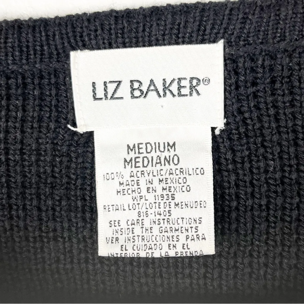 LIZ BAKER Black Patch Long Sleeves Front Button Knit Cardigan, Size Medium - Image 3