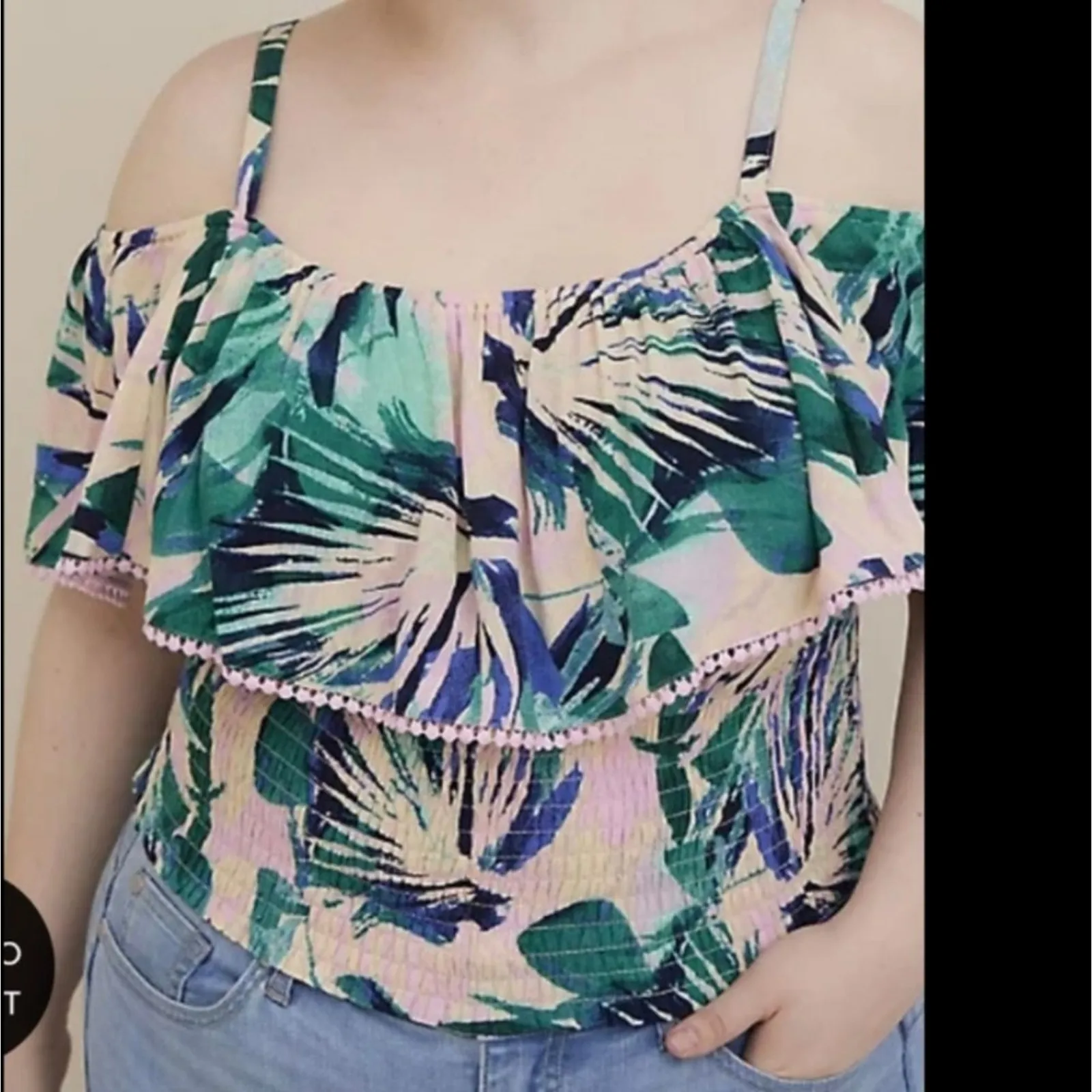 Torrid‎ Shirt NEW Plus 2 2X 18 20 Palm Tropical Smocked Cold Shoulder Top Blouse - Image 2