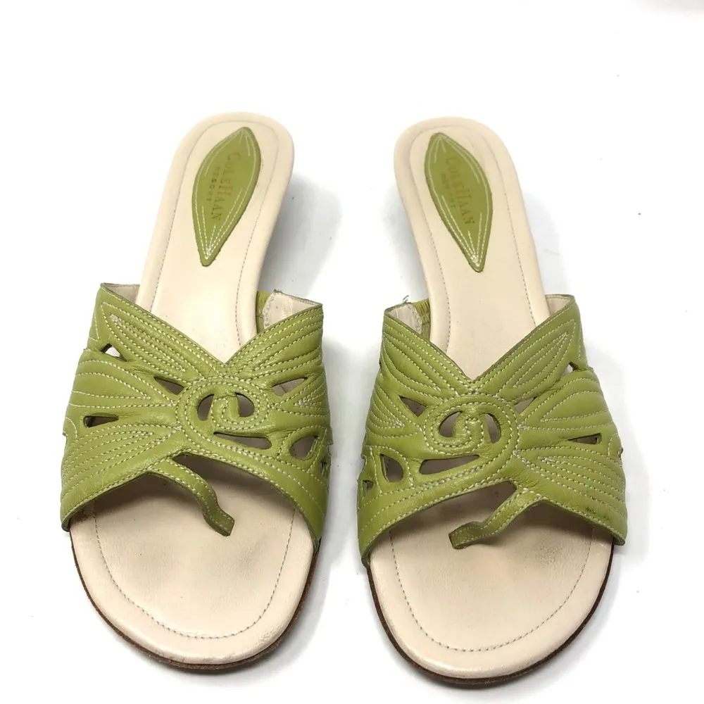 COLE HAAN green leather kitten heel slides - Image 3