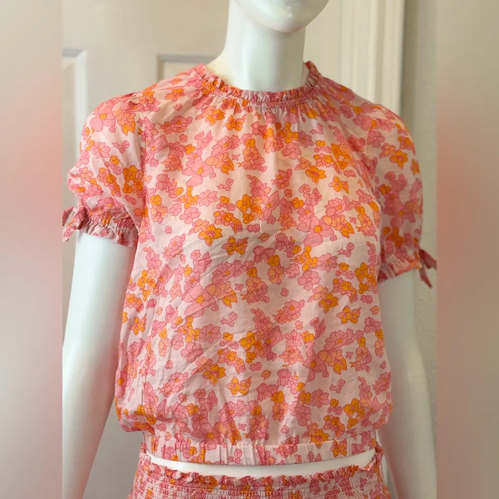Vineyard Vines 100% Cotton Coquette Pink and Orange Floral Blouse/Skirt Set L/XL - Image 4