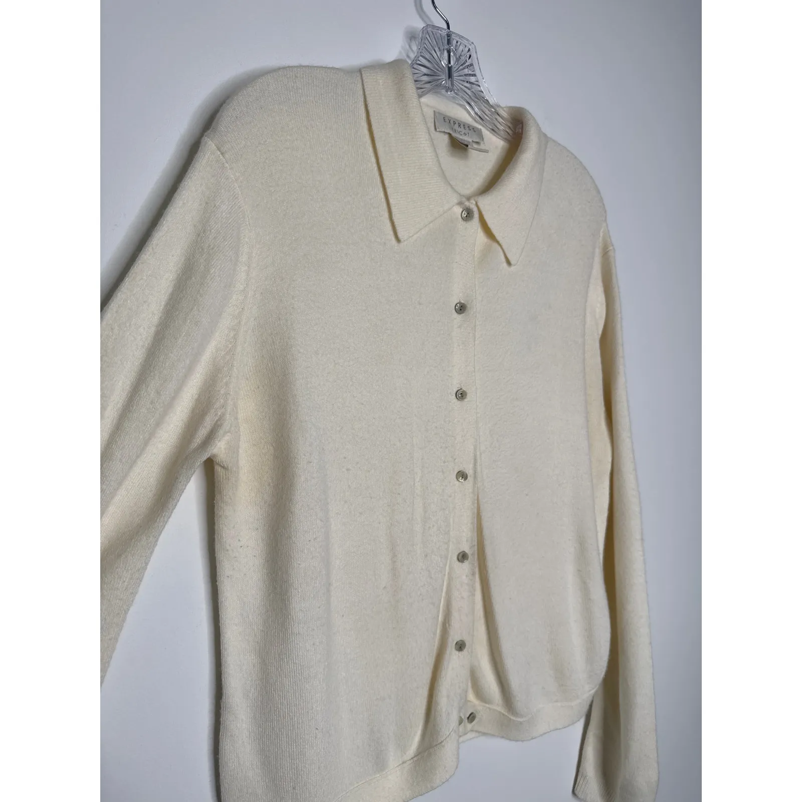 Vintage 70s Express Tricot Ivory Collared Cardigan Sweater Hong Kong Medium - Image 6
