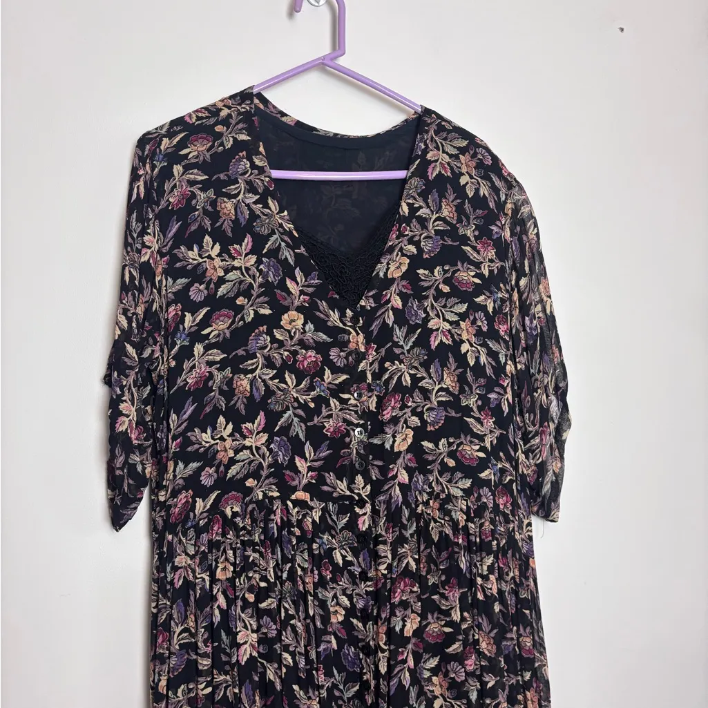 Nostalgia Black Floral Granola Crunch Boho Vintage Grandma Midi Dress Size M - Image 2