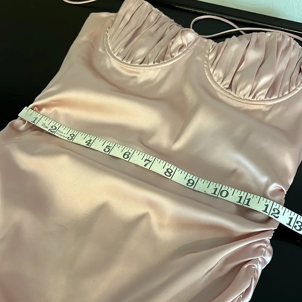 Meshki ruched satin mini dress, spaghetti straps, bodycon, blush pink sz S - Image 8