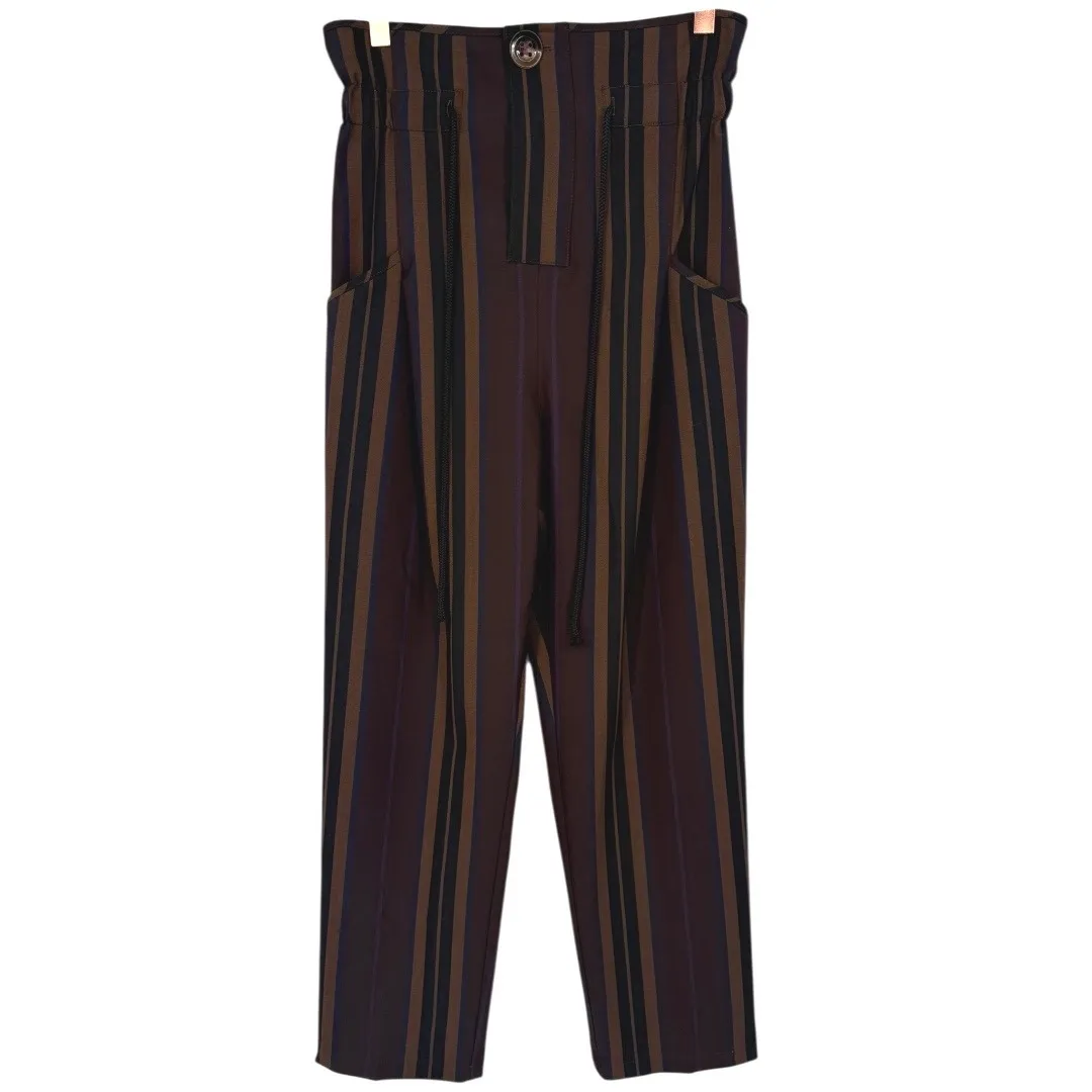 ZARA Women's Paperbag Waist Striped Cropped Trouser Pants Brown Size XS Modern - Image 4
