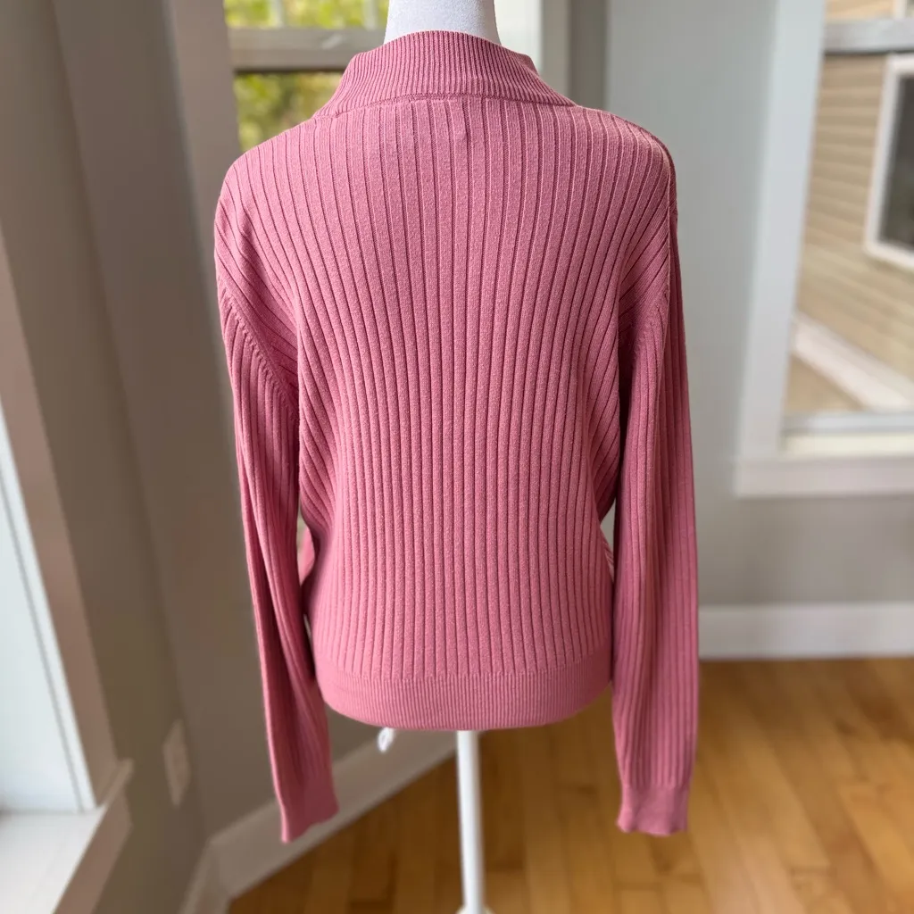 Vintage 90s Laura Scott Mauve Pink Ribbed Cotton Mockneck Cropped Sweater Large - Image 4