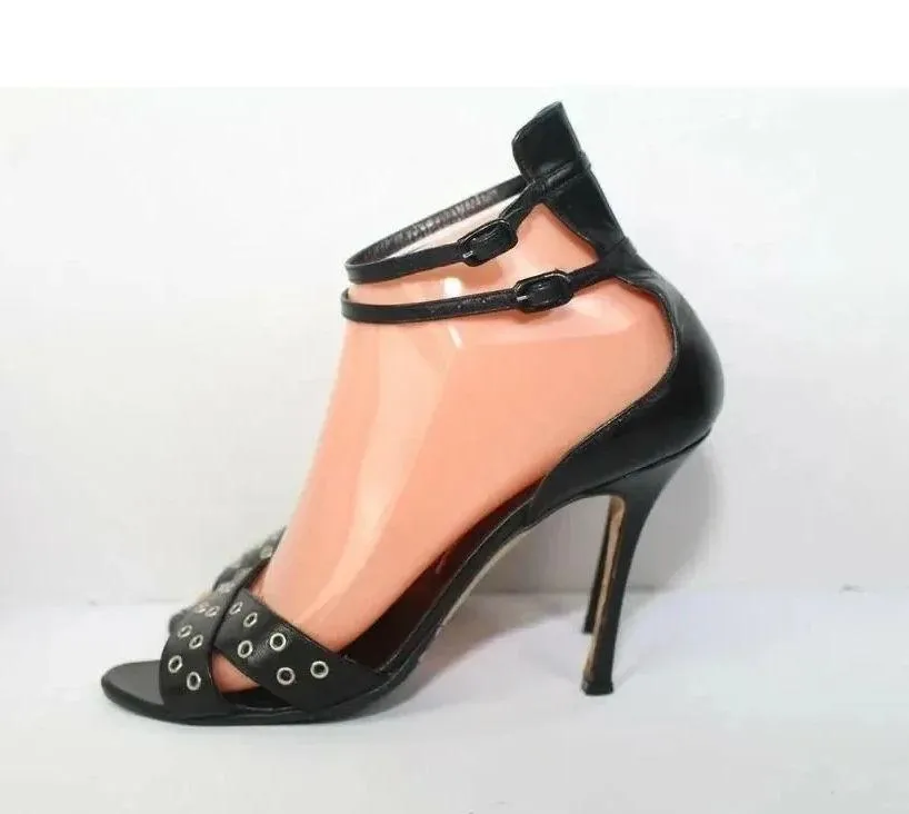 Manolo Blahnik Sz 7.5 37.5 Women Calf Black Leather Heels Carolyne Sling back - Image 3