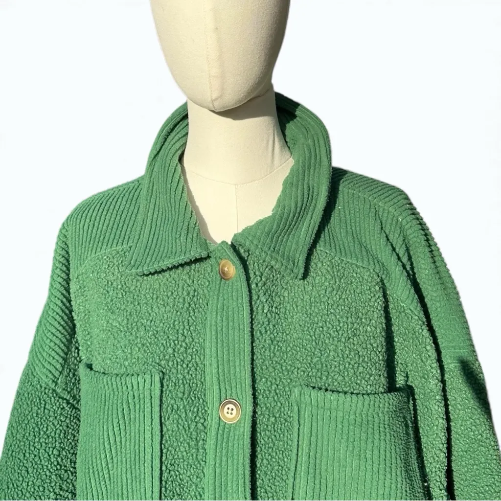 American Eagle Green Teddy Shacket Coat L - Cozy Textured Button Front - Image 2