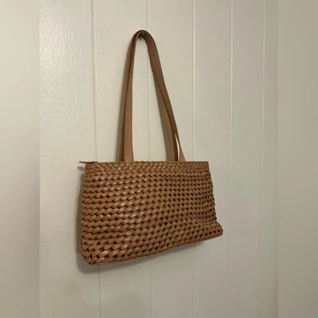 Rare Vintage Y2K Leather Woven Large Fossil Tan Shoulder Handbag Bag - Image 3