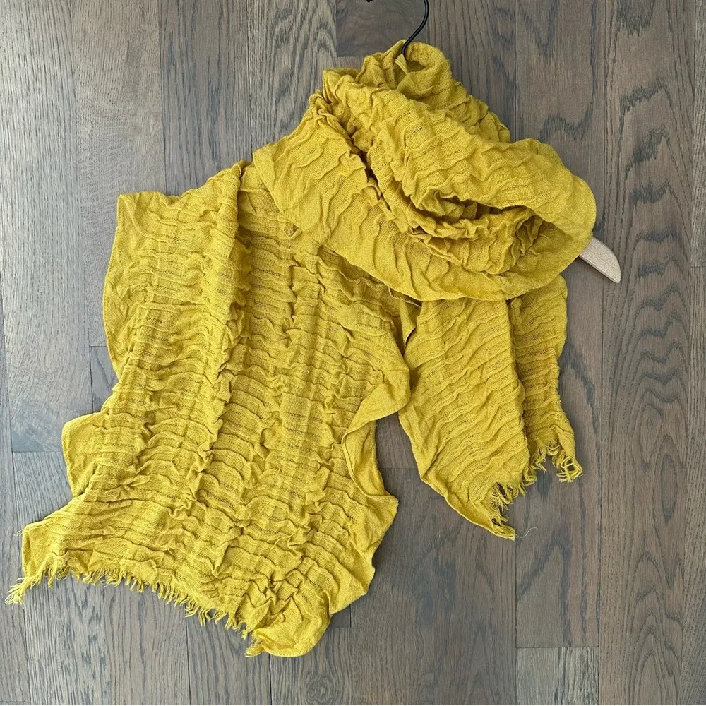 Eileen Fisher Gauze Stretch Wool Blend Ruffle Oblong Scarf Mustard Yellow 68"l - Image 6