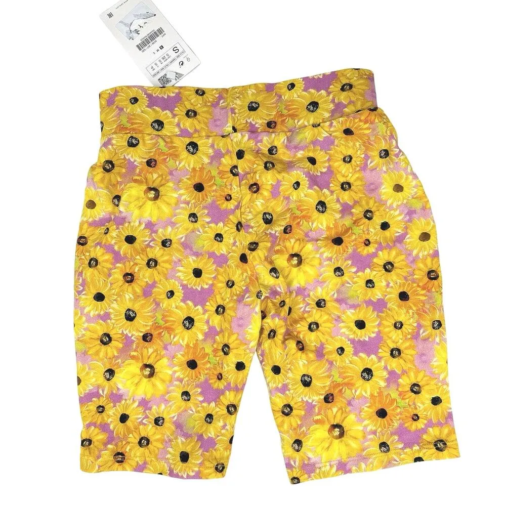 Zara NWT Pink Yellow Sunflower Floral Yoga Stretch Athletic Yoga Biker Shorts S - Image 2