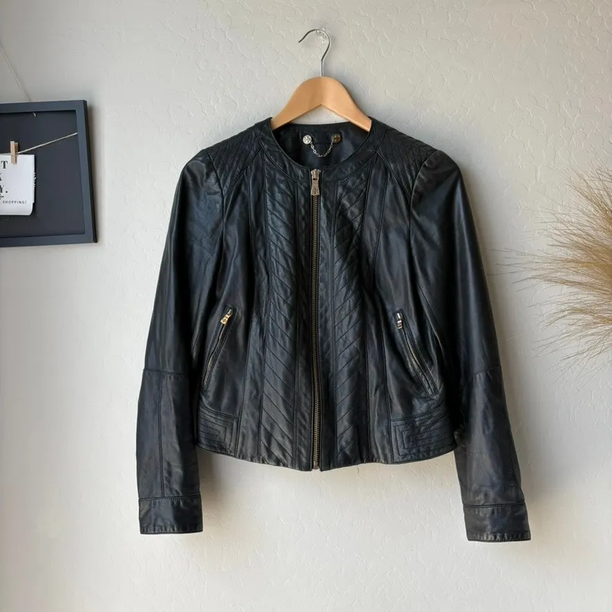 Tory Burch Leather Jacket Daphne Lambskin Leather Black Moto Jacket Size 6 - Image 2