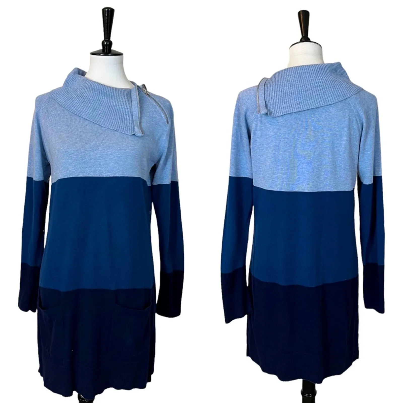 Jeanne Pierre Women's Tunic Sweater Folded Zip Cowl Neck Blue Color Block Size M - Image 14