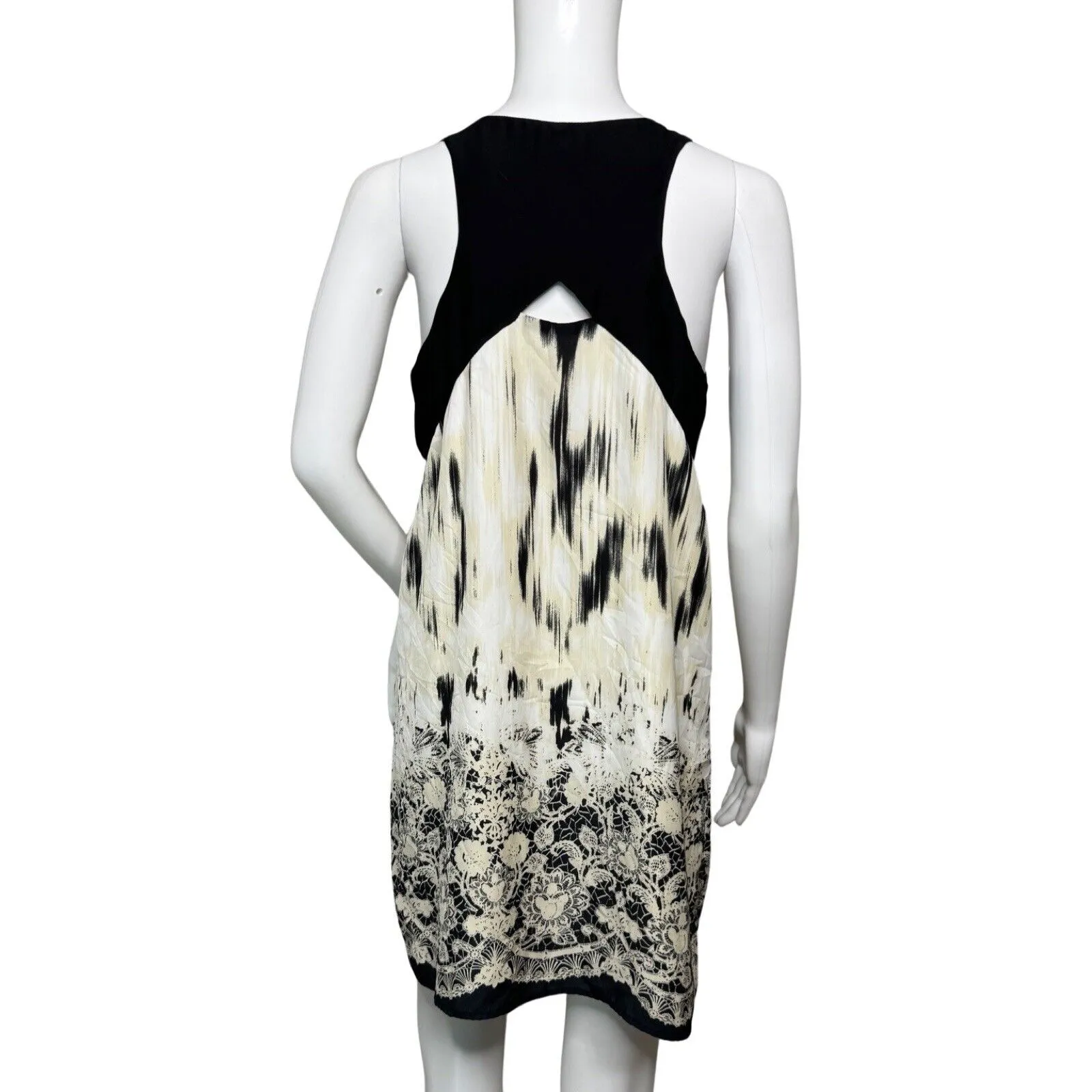 Silence Noise Dress Women Medium Cream Black Scarf Print Shift Mini Casual Party - Image 4