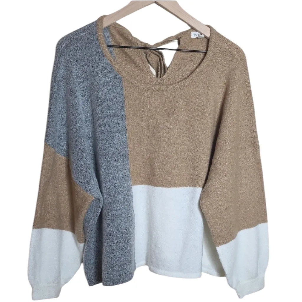 Blu Pepper Color-Block Sweater Tie Back Relaxed Brown Gray White Womens Size M/L - Image 3
