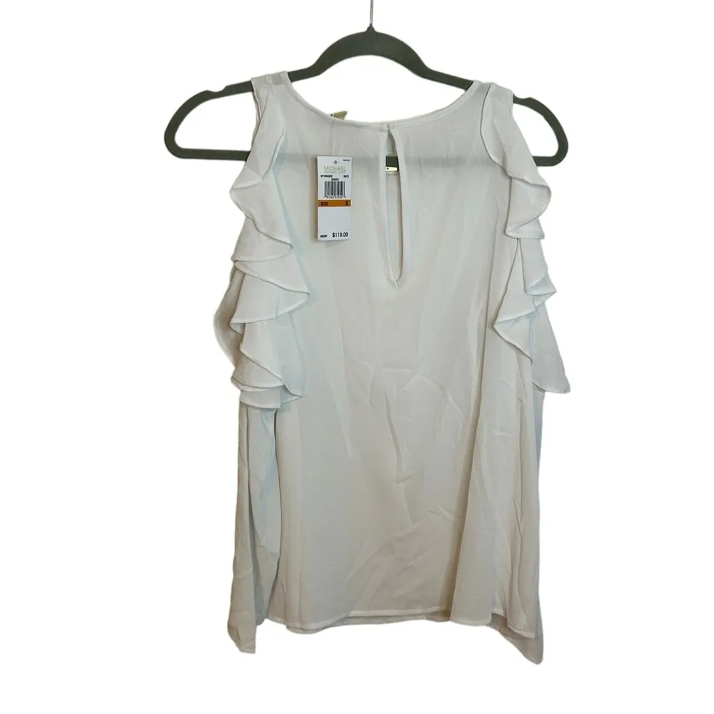 Nwt Michael Michael Kors White Ruffle Cold Shoulder Blouse - Image 2
