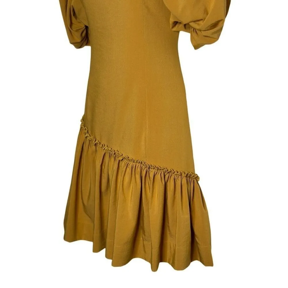 Marigold Line & Dot Ruffle Asymmetrical Puff Sleeve Yoko Mini Dress Size Small - Image 4