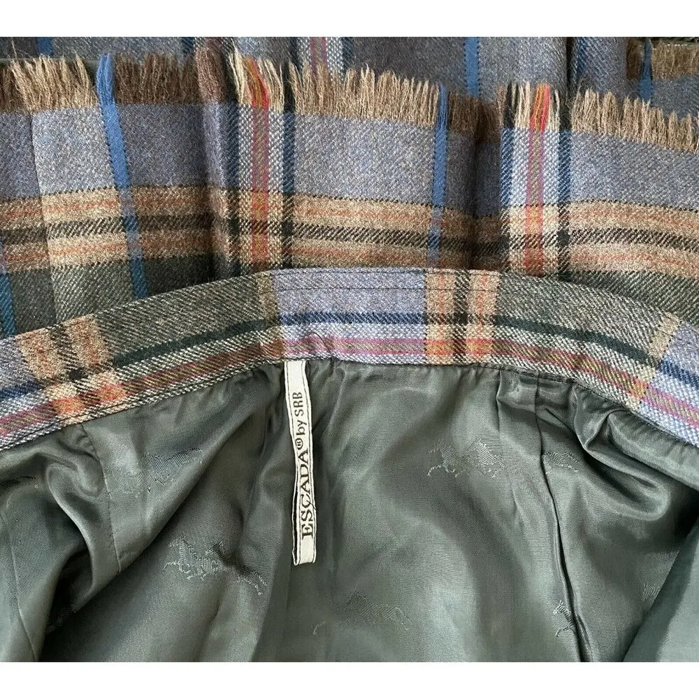 VTG New 70’s Escada SRB 10 Wool Skirt Tartan Plaid Fringe Midi Blue Scottish - Image 6