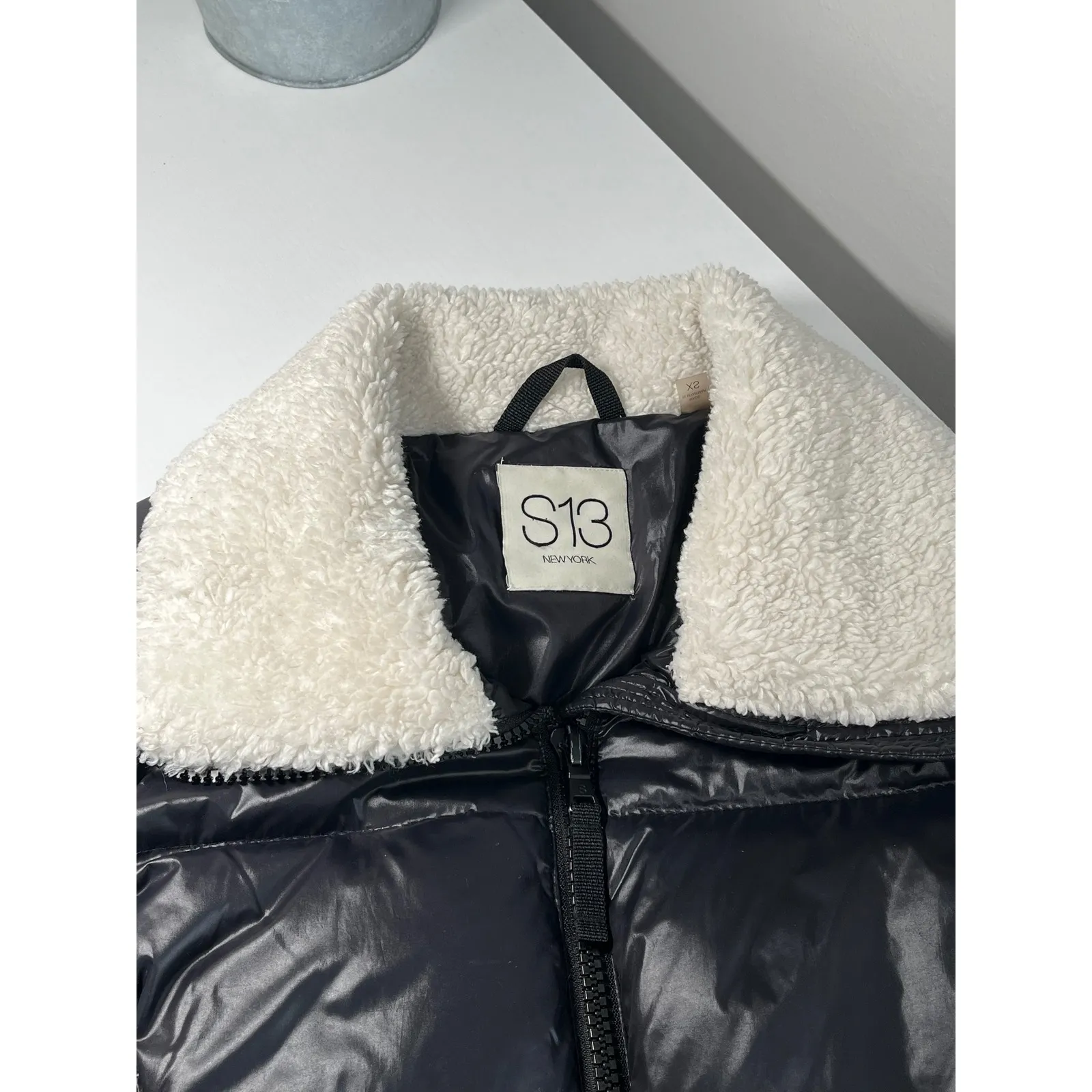 S13 New York Black Puffer Jacket Sherpa Collar Quilted Down Fill Women's XS - Image 9