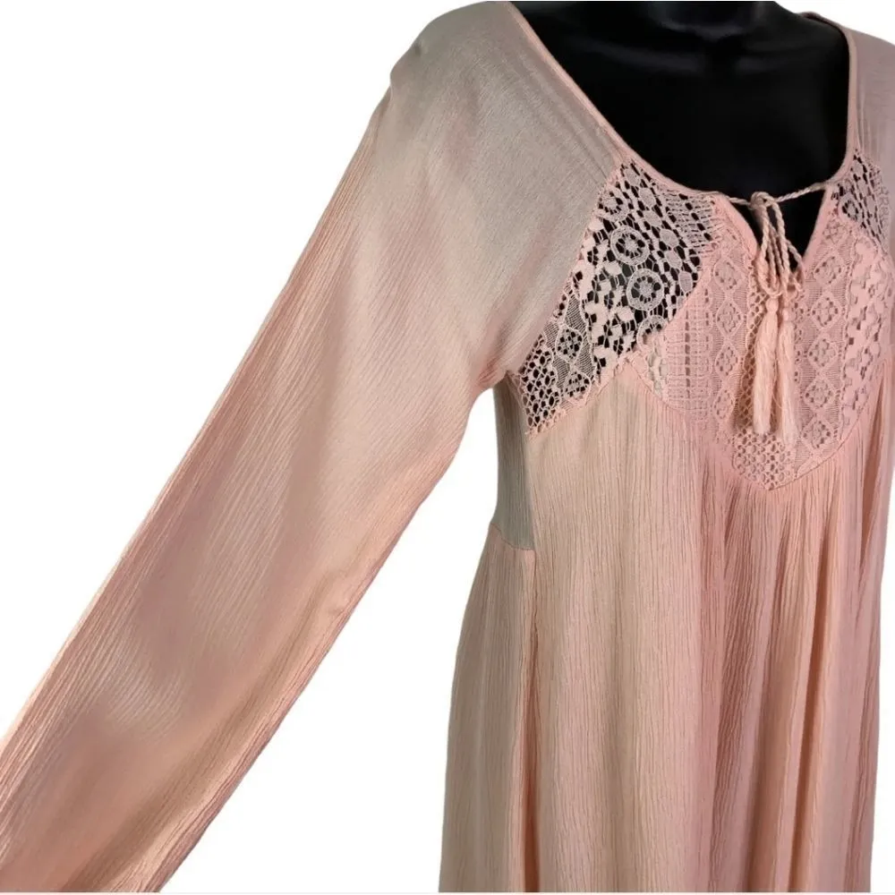𝅺PURPLE Snow Boho Tunic Top Pale Pink Gauze Crochet Long Sleeves Size: L - Image 4