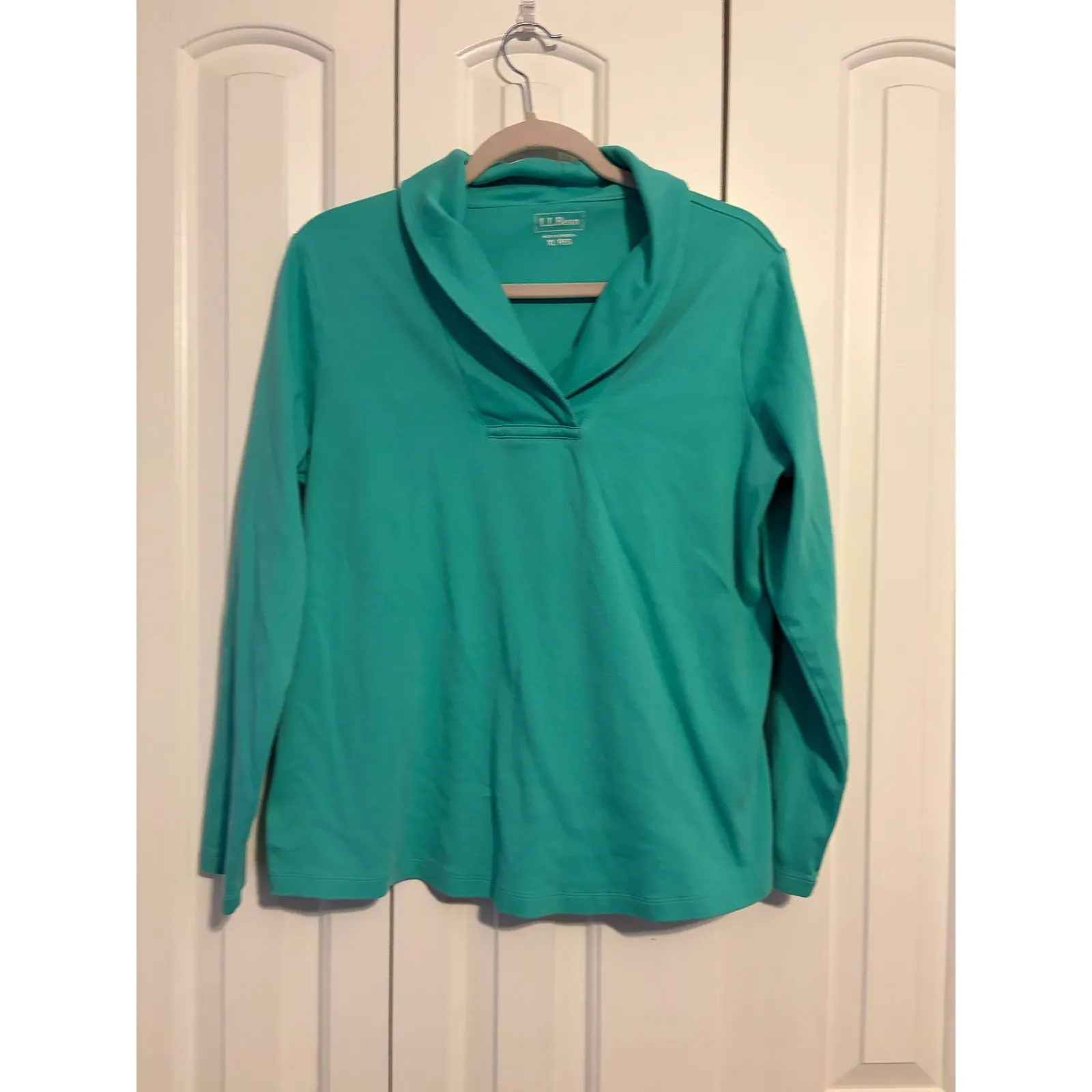 LL Bean Womens Turquoise Long Sleeve Shawl Collar Pullover Top XL REG Green - Image 2