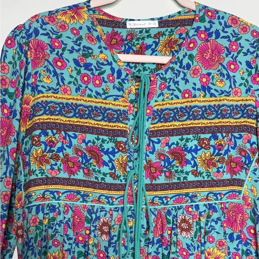 R.Vivimos Floral Long Sleeve Boho Print V Neck Tassel Bohemian Midi Size Medium Blue - Image 5